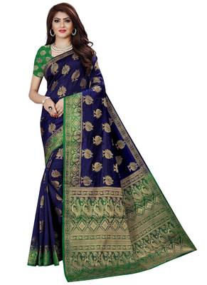 Navy Blue Kanjivaram Silk Weaving Designer Saree 1