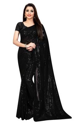 Black Georgette New Bollywood Sequin Saree With Blouse Piece  1