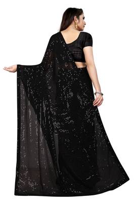 Black Georgette New Bollywood Sequin Saree With Blouse Piece  2