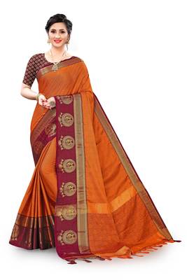 Orange woven cotton silk saree with blouse 1