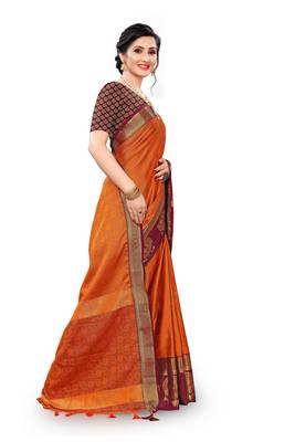 Orange woven cotton silk saree with blouse 3