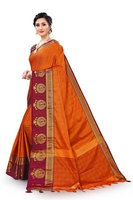 Orange woven cotton silk saree with blouse 4