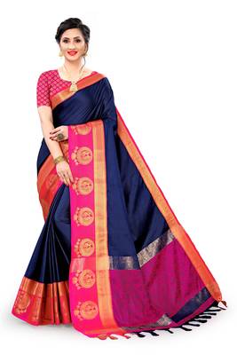 Blue woven cotton silk saree with blouse 1
