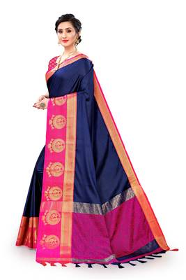 Blue woven cotton silk saree with blouse 3