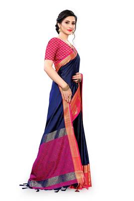 Blue woven cotton silk saree with blouse 4