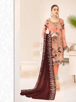 Orange Faux georgette Kurta Pant style salwar kameez with Dupatta Border Ebroidery Work 1