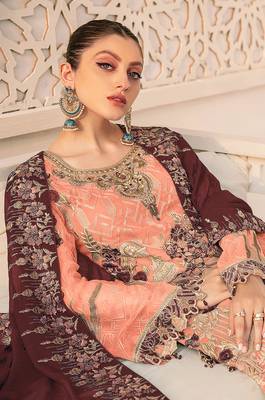 Orange Faux georgette Kurta Pant style salwar kameez with Dupatta Border Ebroidery Work 2