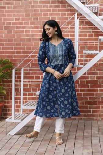 indigo handblock printed kurta