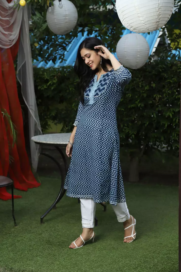 indigo handblock printed kurta