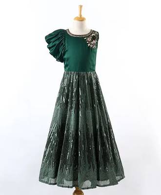 Bottle Green Sequence All-Over Kalli Designed Sleeveless Gown for Girls 1