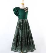 Bottle Green Sequence All-Over Kalli Designed Sleeveless Gown for Girls