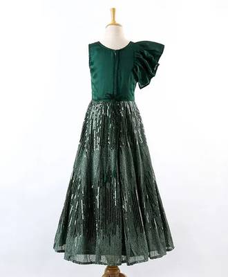Bottle Green Sequence All-Over Kalli Designed Sleeveless Gown for Girls 2