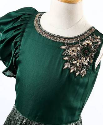Bottle Green Sequence All-Over Kalli Designed Sleeveless Gown for Girls 3
