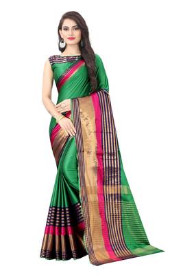 Green woven cotton silk saree with blouse 1