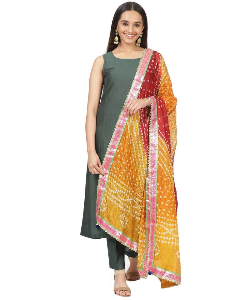 Emerald Green Sleeveless Straight Kurti and Straight Pants and Multicolor Bandhani Dupatta