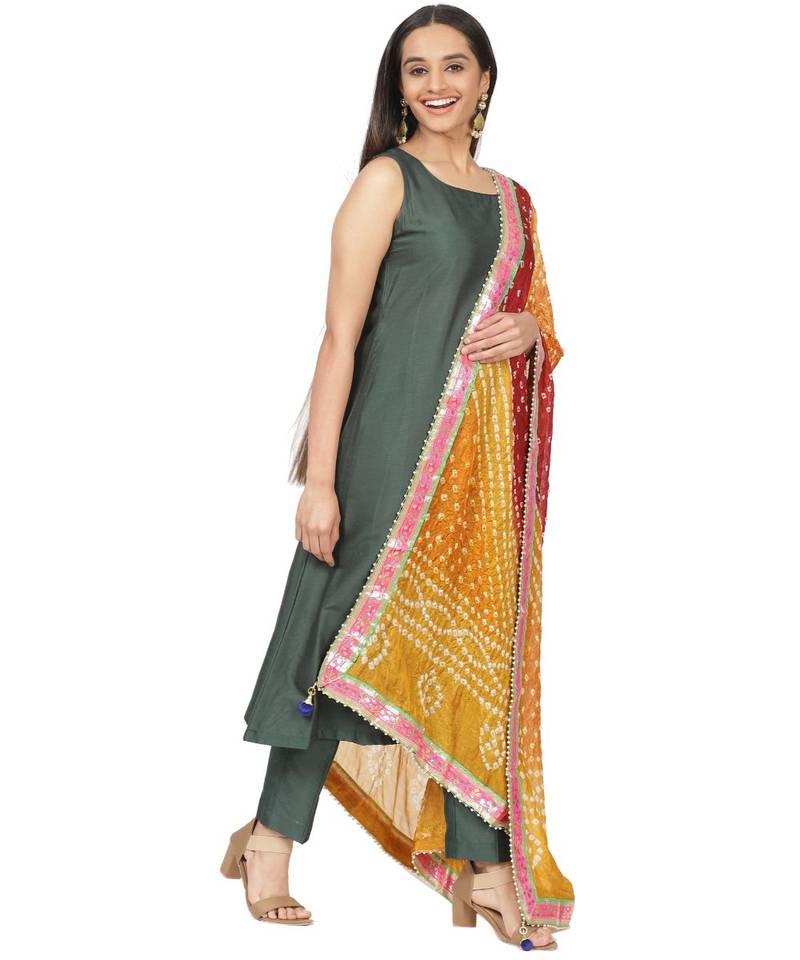 Emerald Green Sleeveless Straight Kurti and Straight Pants and Multicolor Bandhani Dupatta