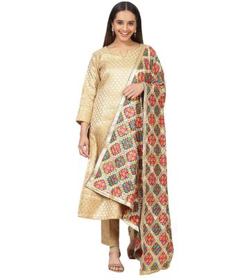 Gold Brocade Straight Kurti with Straight Pants and Phulkari Dupatta 1