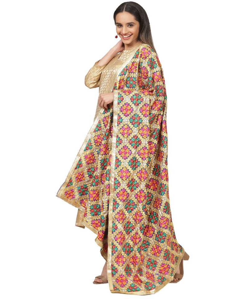 Gold Brocade Straight Kurti with Straight Pants and Phulkari Dupatta