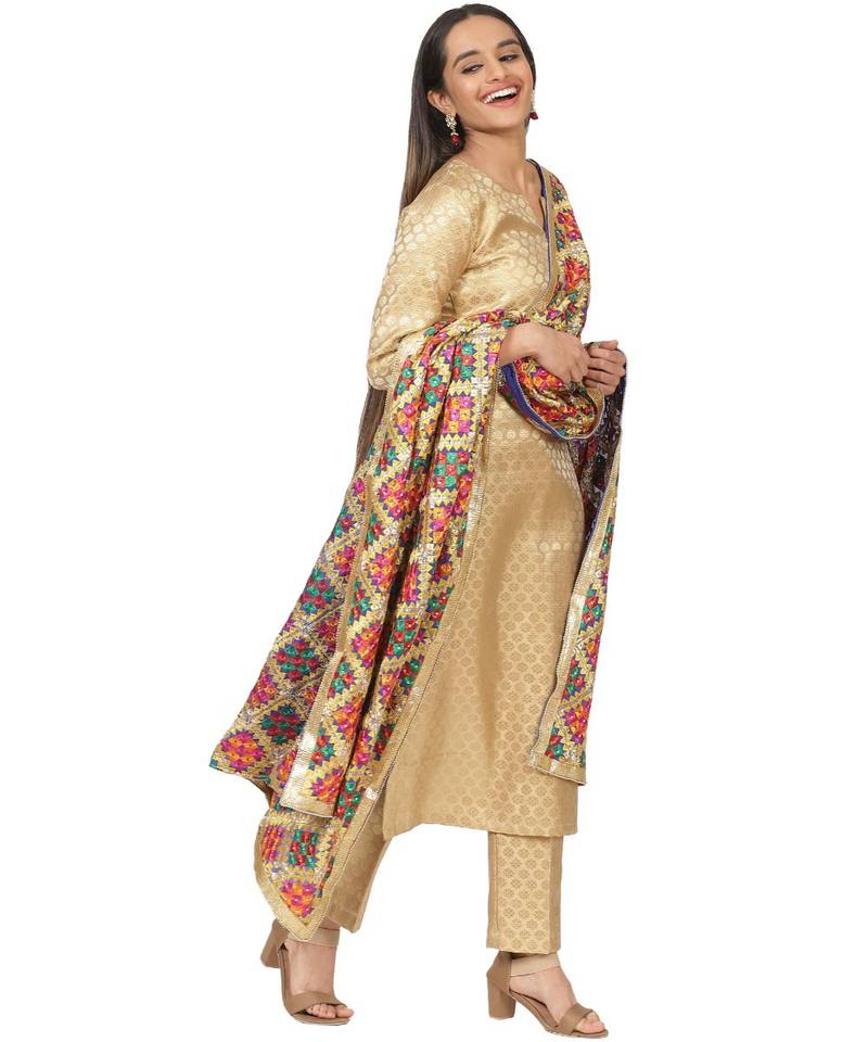 Gold Brocade Straight Kurti with Straight Pants and Phulkari Dupatta