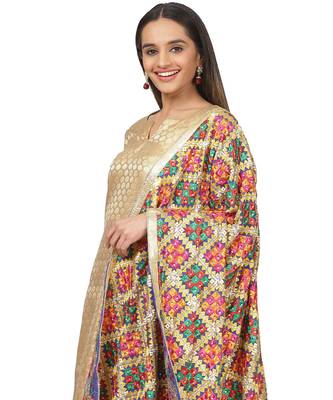 Gold Brocade Straight Kurti with Straight Pants and Phulkari Dupatta 4