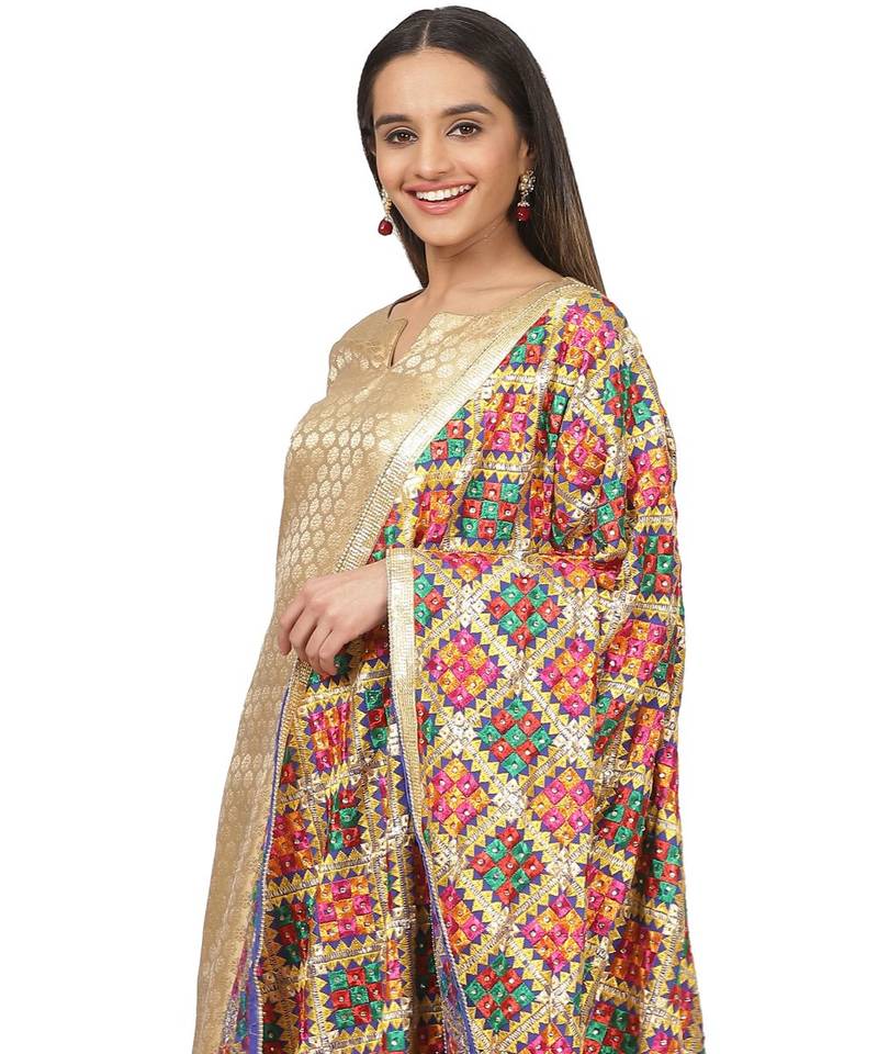 Gold Brocade Straight Kurti with Straight Pants and Phulkari Dupatta