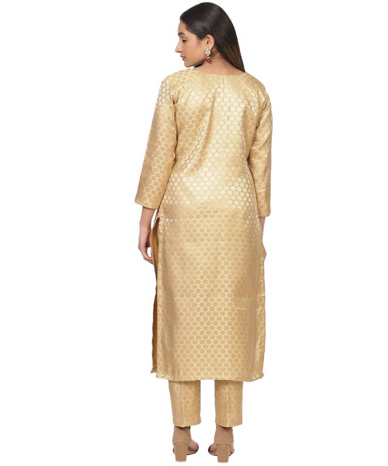 Gold Brocade Straight Kurti with Straight Pants and Phulkari Dupatta