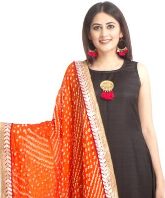 Black Floor Length Silk Kurti with Orange Bhandhej Dupatta 3