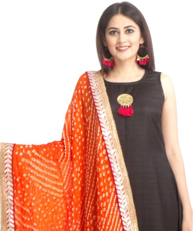 Black Floor Length Silk Kurti with Orange Bhandhej Dupatta