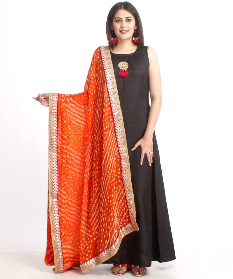 Black Floor Length Silk Kurti with Orange Bhandhej Dupatta