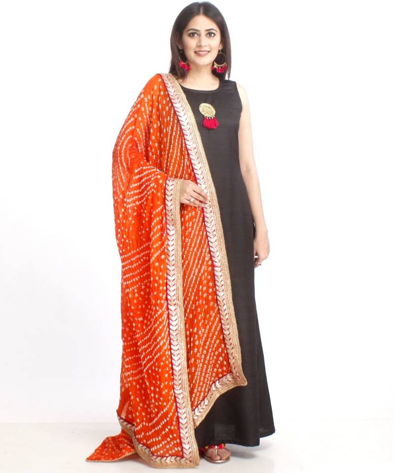 Black Floor Length Silk Kurti with Orange Bhandhej Dupatta