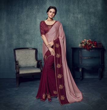 Peach embroidered silk blend saree with blouse 1