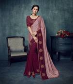 Peach embroidered silk blend saree with blouse