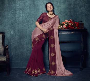 Peach embroidered silk blend saree with blouse 2