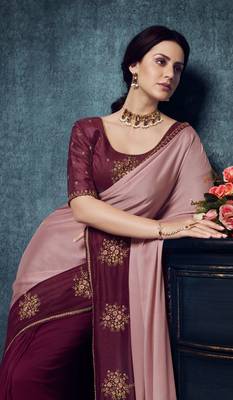 Peach embroidered silk blend saree with blouse 3