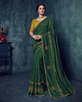 Green embroidered silk blend saree with blouse 1