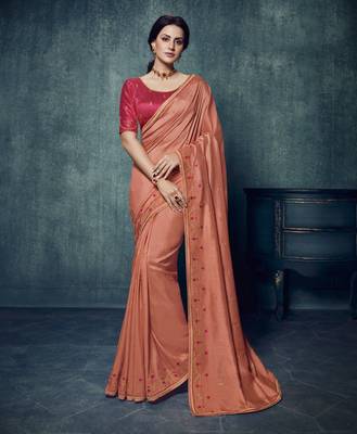 Peach embroidered silk blend saree with blouse 1