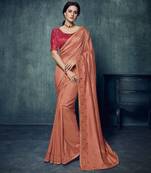 Peach embroidered silk blend saree with blouse