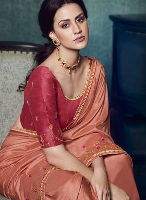 Peach embroidered silk blend saree with blouse 2