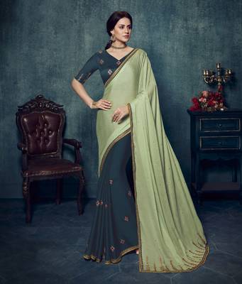 Blue embroidered satin saree with blouse 1