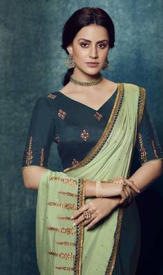 Blue embroidered satin saree with blouse 2