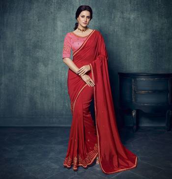 Red embroidered silk blend saree with blouse 1