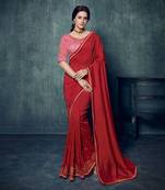Red embroidered silk blend saree with blouse