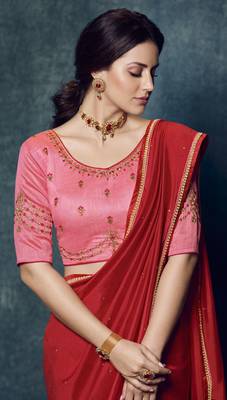 Red embroidered silk blend saree with blouse 2