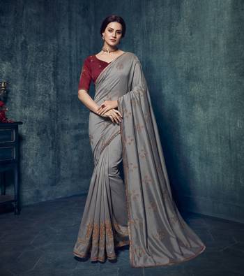 Grey embroidered silk blend saree with blouse 1