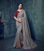 Grey embroidered silk blend saree with blouse