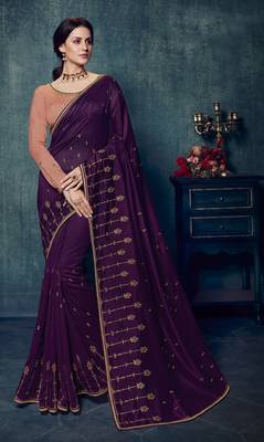 Purple embroidered silk blend saree with blouse 1