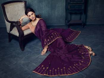 Purple embroidered silk blend saree with blouse 2