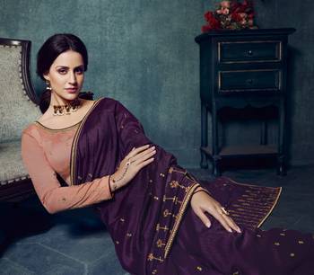 Purple embroidered silk blend saree with blouse 3