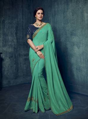 Green embroidered silk blend saree with blouse 1