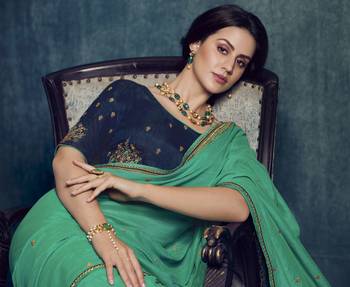 Green embroidered silk blend saree with blouse 2